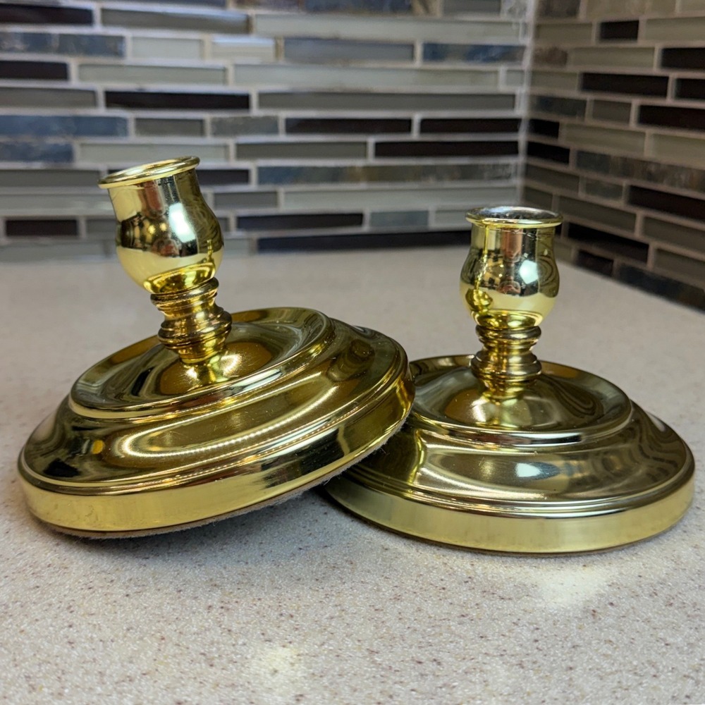 Vintage Set Polished Brass Taper Candlestick Holders Gold Tone Round Base 3.5"